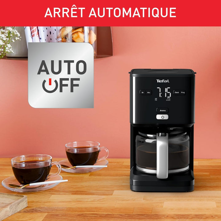 TEFAL SMART'N LIGHT Cafetieră electrică neagră, 1,25 L, programabilă, 24 ore, funcție aromă după 30 minute, fără picurare, CM600810