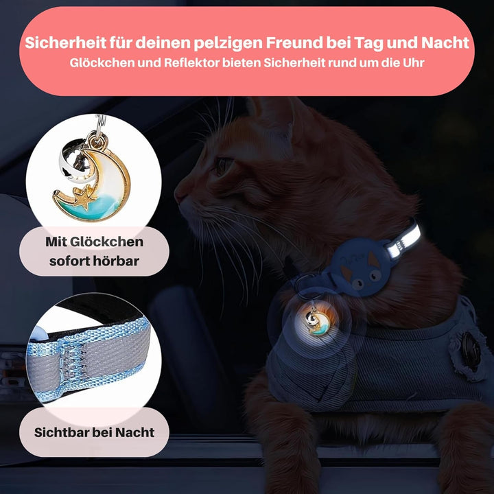 Zgardă pentru pisici Lipcat® Airtag | Reflectorizantă, căptușită și reglabilă | Închizătoare de siguranță, clopoțel și suport impermeabil pentru etichetă | Sistem de urmărire a pisicilor | Compatibilă cu Apple Airtag | Turcoaz