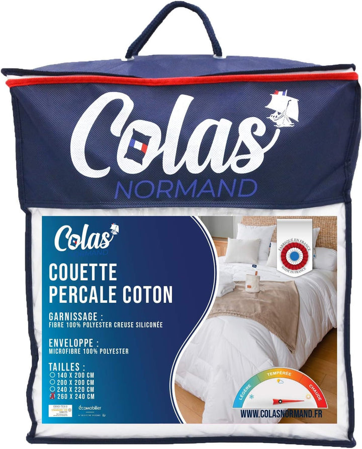 COLAS NORMAND Plapumă din bumbac Percale, 260 X 240 cm, de înaltă calitate, 100% bumbac Percale, moale și confortabil, durabil, finisaj fin, fabricat în Franța, alb