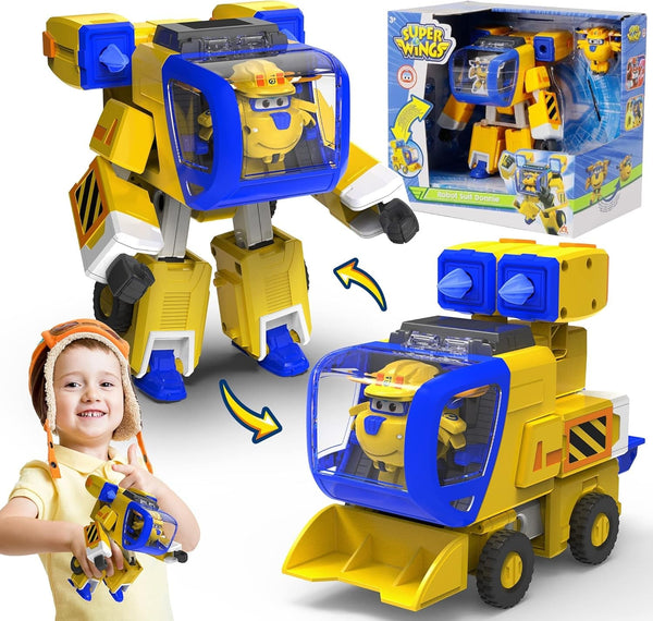 Super Wings EU750322 - Transforming New Robot Suit Donnie, Aprox. 23 cm figurină mare pentru copii, avion de jucărie transformabil și figurină robot, galben