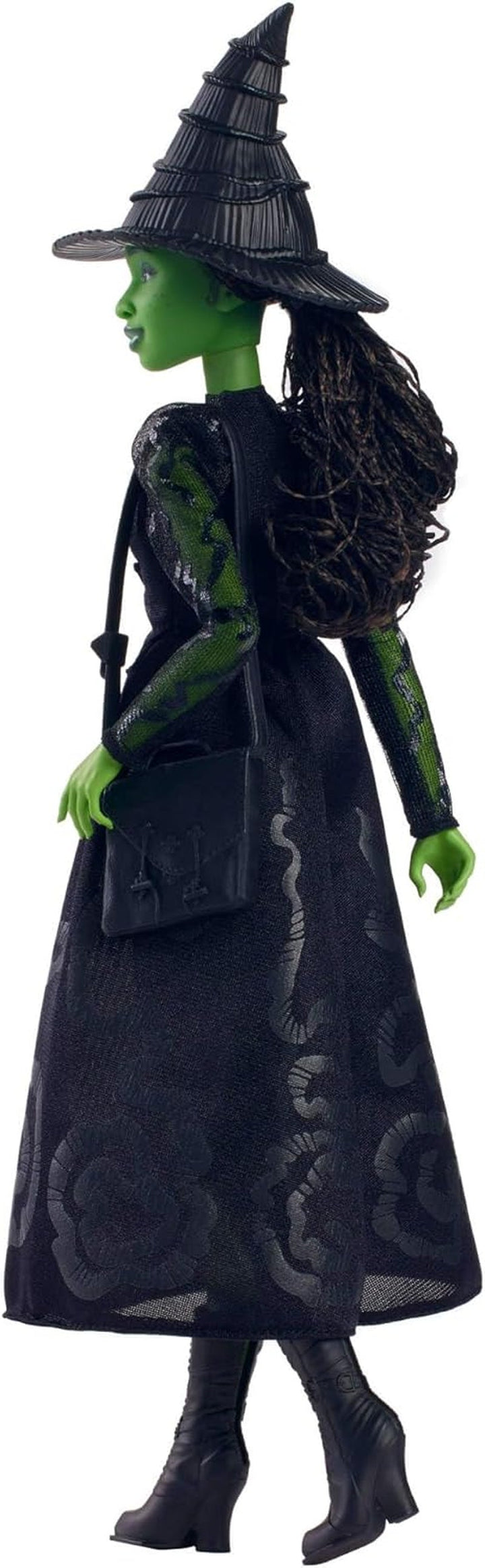 Mattel Wicked Elphaba păpușă de modă și accesorii cu piele verde, păr negru împletit, diferite poziții posibile și aspect de rochie de bal extensibilă, HXT62, [Multicolor]