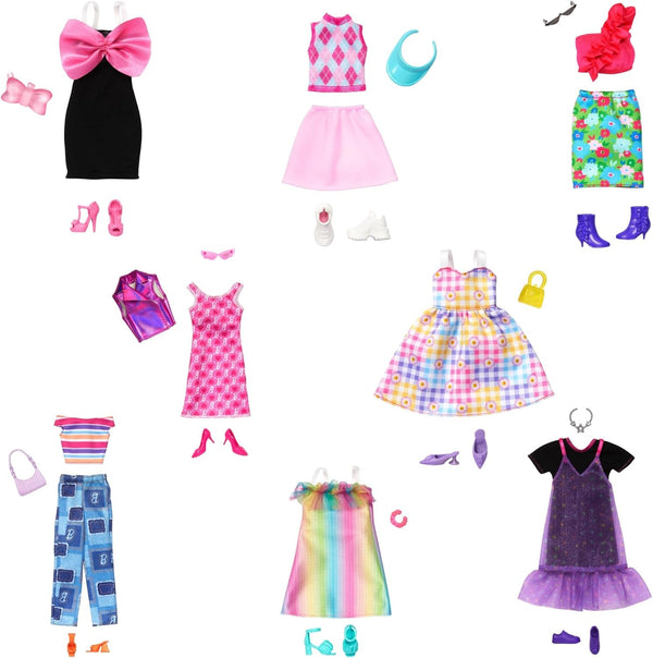 Barbie Fashions And Accessories - Set de modă colorat cu peste 65 de ținute unice, 13 articole de îmbrăcăminte, 8 accesorii și 8 perechi de pantofi, pentru ore întregi de distracție în styling, universal, HRG56