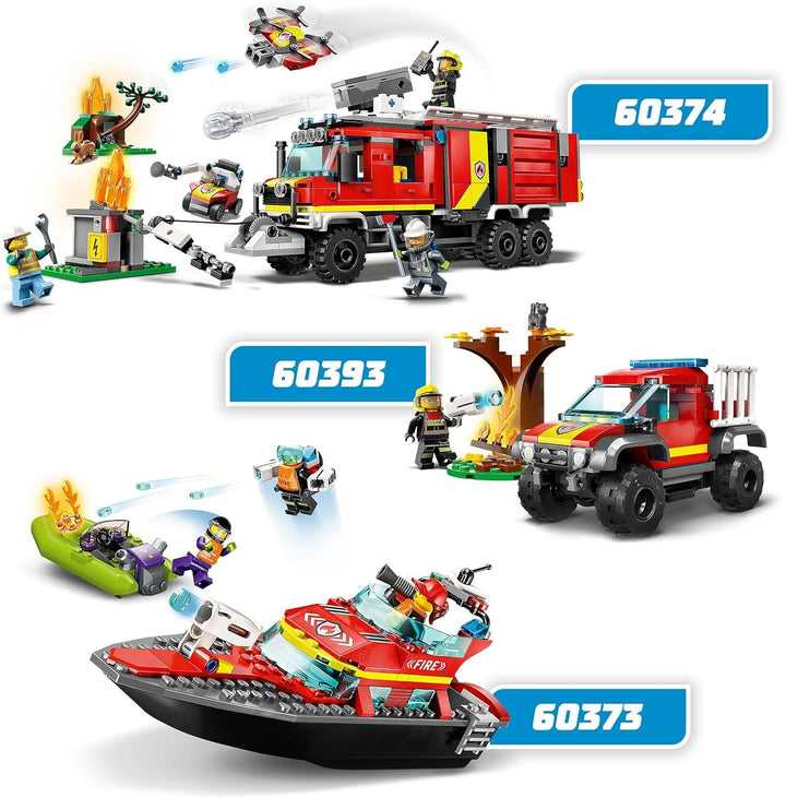 LEGO 60373 City Fire Boat, jucărie care plutește în apă, cu barcă de curse, 3 minifigurine și Jetpack, idee de cadou pentru băieți și fete de la 5 ani în sus