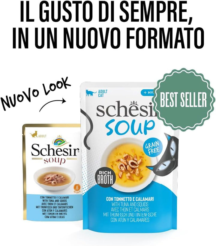 , Supă cu fileuri de ton și calamari, hrană umedă complementară pentru pisici, rețeta originală, 100% naturală, 12 pungi la 40 G