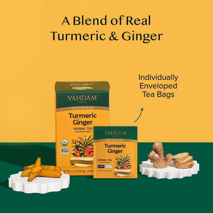 , Organic Turmeric Ginger Herbal Tea Bags (18 Count) Caffeine Free, Gluten Free | 100% Pure Herbal Blend - Earthy & Savory | Eco-Friendly Individually Wrapped Tea Bags | Direct from Source Tea USA Naty Shop