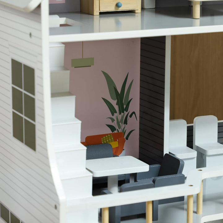 AIYAPLAY Casă de păpuși din lemn, casă de joacă cu 3 etaje cu 13 piese de mobilier, accesorii, 85,3 cm înălțime Casă de păpuși pentru copii de 3-6 ani, gri