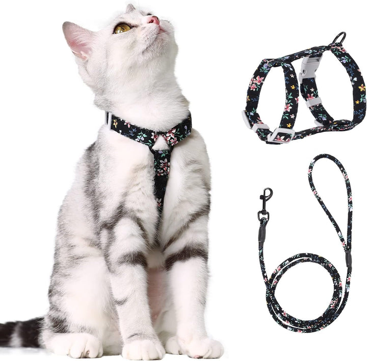PETTOM Ham pentru pisici cu model floral și lesă Lesă pentru pisici cu ham pentru pisici cu șnur rotund, curea de piept reglabilă anti-evadare, potrivită pentru pisici mici și mijlocii