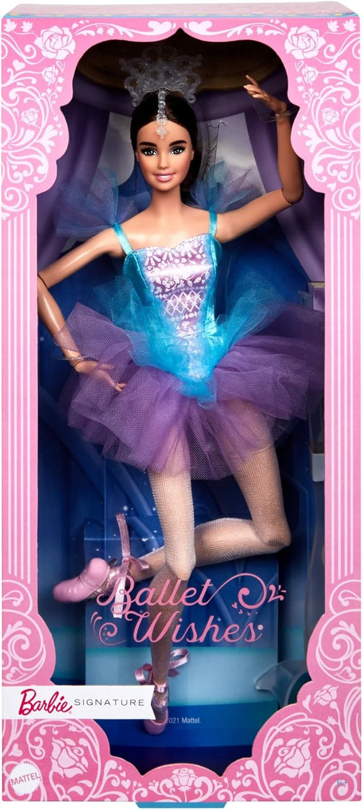 Păpușă Barbie Signature Ballet Wishes (brunetă, aprox. 30 cm), mobilă, cu costum de balerină, tutu, pantofi de vârf și diademă, cadou pentru copii cu vârsta peste 6 ani, JCW44