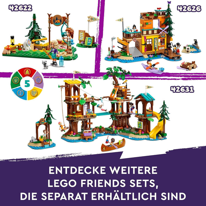 LEGO Friends Tree House At Adventure Camp, set de joacă pentru fete și băieți de la 8 ani cu 5 figurine și 5 animale, idee de cadou pentru jocuri creative, jucării sportive, casă de păpuși 42631