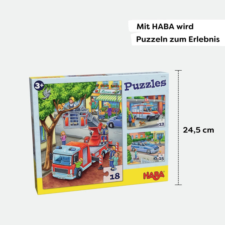 HABA Fire Brigade Puzzle - Set de 3 piese pentru copii cu vârsta de 3 ani și peste, puzzle din carton cu motive de poliție și ambulanță - Promovează abilitățile motorii fine și concentrarea - 1302759001