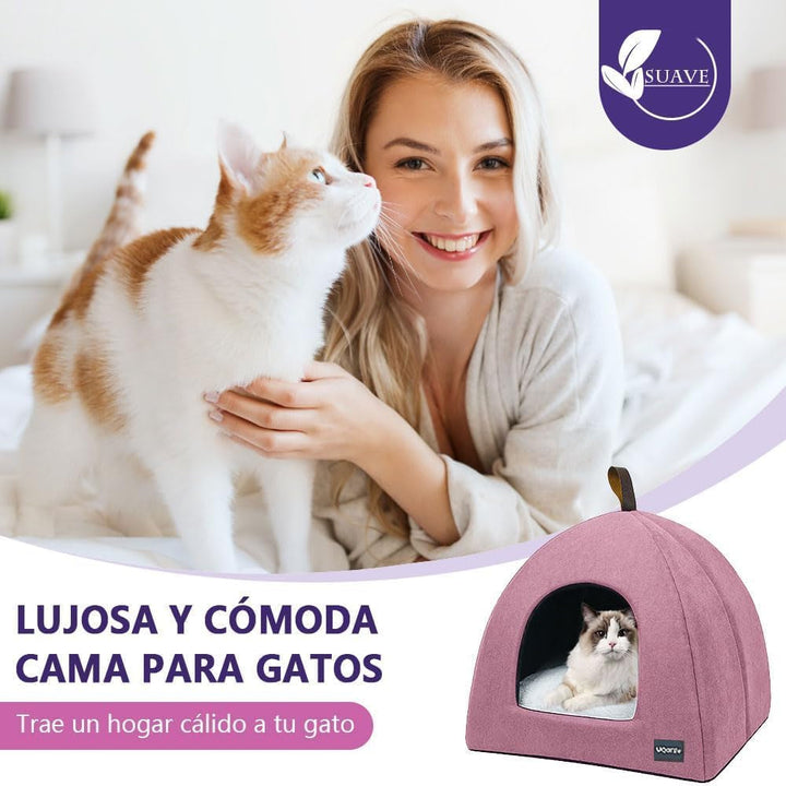 Pat pentru pisici, Peșteră moale pentru pisici, Pat pentru pisici din pluș moale și cald, Cuib pentru pisici cu pernă interioară detașabilă și lavabilă, Roz, M