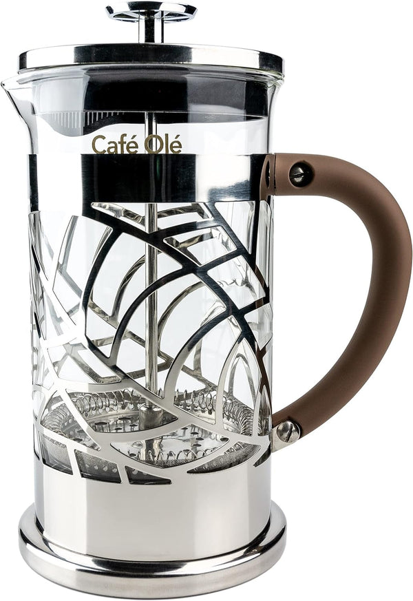 Grunwerg Café Olé Floral transparent filtru de cafea Presă de cafea din oțel inoxidabil 18/10 și sticlă 600 ml 4 pahare Demitasse, argintiu