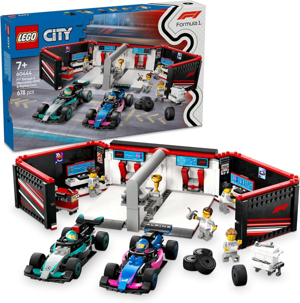 Garaj LEGO City F1 cu mașini de curse Mercedes-Amg și Alpine - Mașină de curse Formula 1 cu 2 piloți și 4 minifigurine mecanice - Cadou pentru băieți și fete 7+ și fani 60444