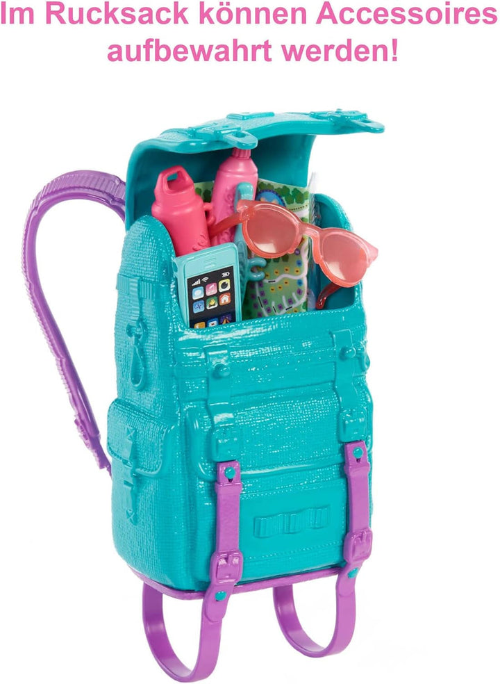 Barbie Camping Series, păpușă 1X cu păr blond, rucsac de drumeție, echipament de exterior, binoclu, hartă, cățel, accesorii, cadou pentru copii, jucărie de la 3 ani,Hdf73
