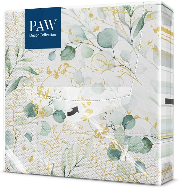 PAW - Șervețele 3 straturi (33 X 33 Cm) I 20 bucăți I Perfect pentru zile de naștere, petreceri, nunți, comuniuni și sărbători I Decor de masă Șervețele de hârtie elegante - Eucalipt auriu I Eucalipt auriu