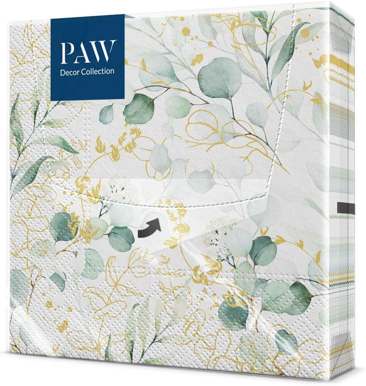 PAW - Șervețele 3 straturi (33 X 33 Cm) I 20 bucăți I Perfect pentru zile de naștere, petreceri, nunți, comuniuni și sărbători I Decor de masă Șervețele de hârtie elegante - Eucalipt auriu I Eucalipt auriu