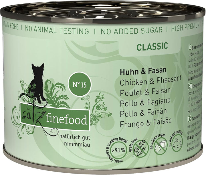 Hrană umedă pentru pisici Catz Finefood Classic N° 15 Chicken & Pheasant - Hrană umedă gourmet pentru pisica dvs. fără zahăr și cereale, fără gluten - cu conținut ridicat de carne, fabricată în Germania (6 cutii de 800 g)
