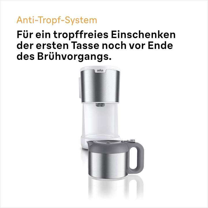 Cafetiera Braun Purshine KF 1500 WH - Cafetieră cu filtru și ulcior din sticlă pentru până la 10 cești, sistem Optibrew, oprire automată, 1000 Watt, alb, KF1500WH