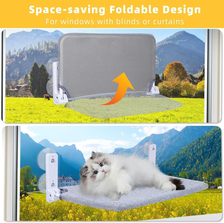 Hamac mare pentru fereastră pentru pisici, pat pentru pisici 52 x 30 cm cu pernă detașabilă din pluș, hamac pliabil pentru fereastră pentru pisici stabil pentru pisici, hamac pentru pisici cu 4 ventuze puternice, susține 25 kg (gri)