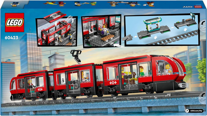 Tramvai LEGO City cu stație, idee de cadou pentru fanii jucăriilor cu vehicule de la 7 ani, cu 6 minifigurine și un câine ghid pentru jocuri de rol, jucărie de construcție 60423