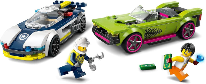 LEGO City Car Chase cu mașină de poliție și mașină cu mușchi, tren de jucărie cu 2 mașini de curse, cadou de poliție pentru copii, băieți și fete de la 6 ani, set cu polițist și minifigurine Ganovin 60415