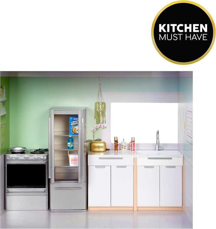 Rainbow High Townhouse - Casă de păpuși din lemn cu 3 etaje cu 5 camere colorate și terasă - Casă complet mobilată cu lift și accesorii funcționale - Jucărie pentru copii de la 4 la 12+ ani