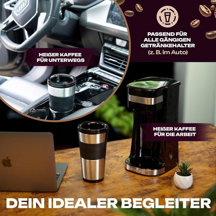 Cafetieră Clatronic | Cafea pentru pachet cană 400 ml | Pentru toate suporturile obișnuite pentru băuturi (de ex. mașină) | Cafetieră cu filtru | Filtru permanent din nailon | Cană din oțel inoxidabil cu capac aromatizat | KA 3733