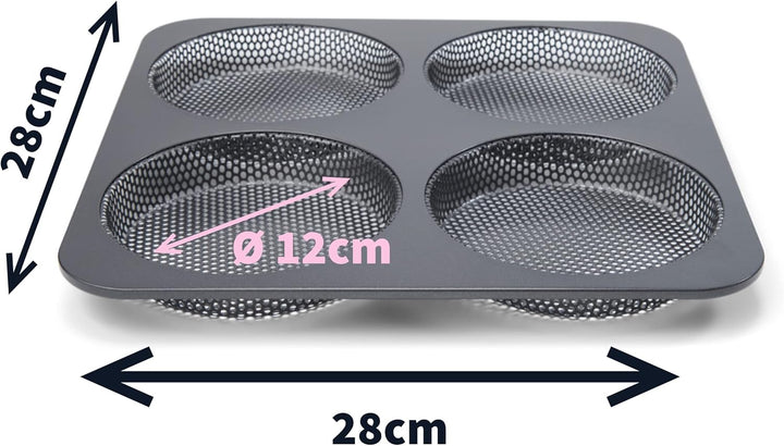 Hamburgerbrötchen, Perforiert, Antihaftbeschichtet, 4 Runde Mulden Mit Je 12 Cm, Pfannengröße 28 X 28 Cm, 2,5 Cm Tief, Mittelgroß, Schwarz