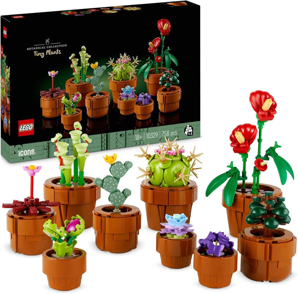 Mini plante LEGO Icons, 9 flori artificiale de construit, set de colecție botanică pentru adulți cu ghiveci de teracotă construibil, decorațiuni pentru casă, cadou pentru femei și bărbați 10329