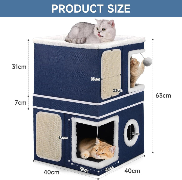 Căsuță pentru pisici Shikha cu 3 straturi, peșteră pliabilă pentru pisici mari, 40L*40l*63H cm, cub pentru pisici de interior, divizibilă în 2 peșteri mari pentru pisici cu ascunzătoare pentru pisici, pat pentru pisici cu zgârietură și minge de joacă