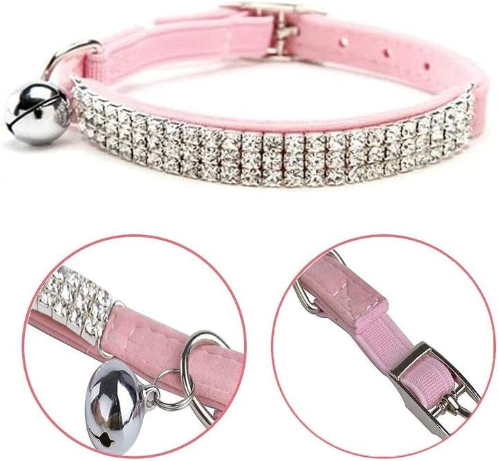 Zgardă reglabilă pentru pisici, din catifea moale, sigură, cu diamante strălucitoare și clopoței, 28 cm, pentru câini și pisici de talie mică (roz) de