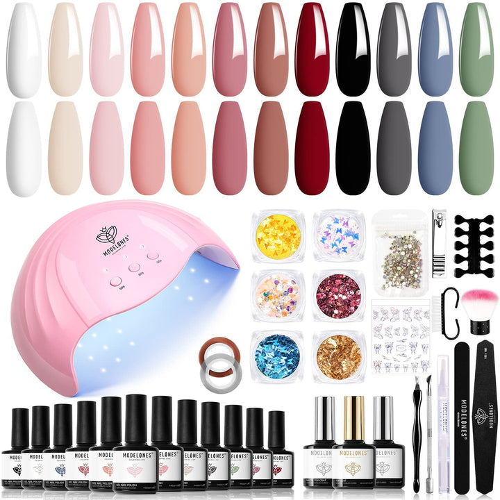 Modelones Set de 35 de bucăți pentru unghii cu gel, Set de ojă UV cu lampă 48W, Set de ojă gel maro nud alb roz, Set de ojă gel UV cu bază top coat Set studio unghii