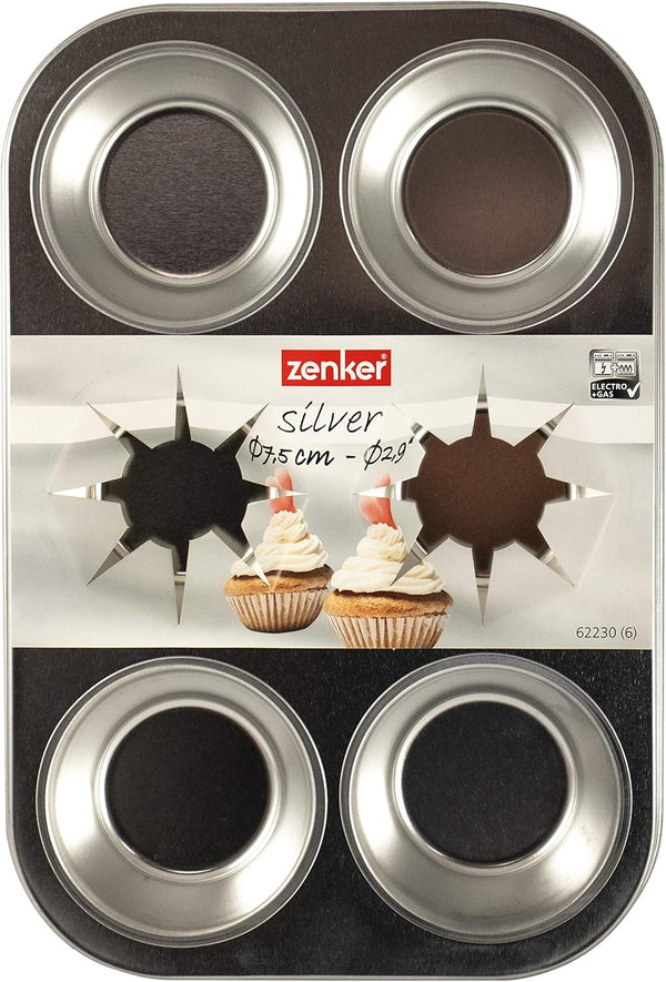 Zenker 62230 Backform Cupcake/Muffin 6-Teilig, Banda 29X19,5X3Cm, Linie Silver, (Farbe:Argrent), Menge: 1 Stück