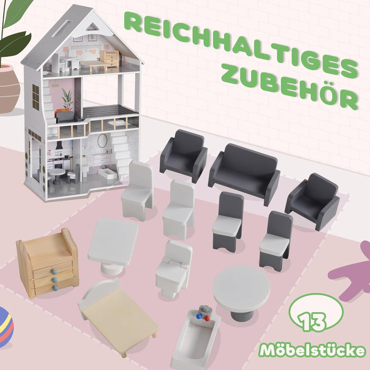 AIYAPLAY Casă de păpuși din lemn, casă de joacă cu 3 etaje cu 13 piese de mobilier, accesorii, 85,3 cm înălțime Casă de păpuși pentru copii de 3-6 ani, gri