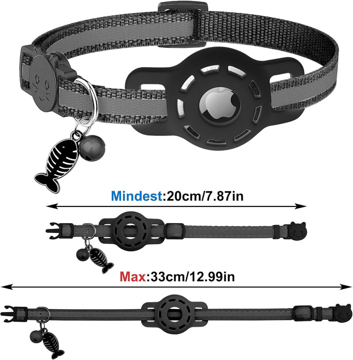 Zgardă pentru pisici Diyife compatibilă cu Airtag, [pachet de 2] zgărzi GPS reflectorizante ușoare pentru pisici, cu carcasă Airtag, cataramă cu eliberare rapidă, clopoțel, reglabilă 20-33 cm pentru pisici, neagră