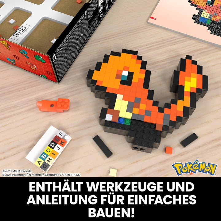 MEGA Pokémon Glumanda - Figură construibilă în aspect retro, Pixel Art, Inclusiv bază pentru montare pe perete, Pentru constructori și colecționari adulți, HTH76