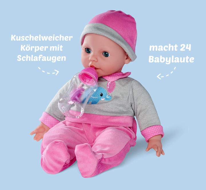 Simba 105140066 - Laura Interactiv, păpușă cu corp moale cu ochi adormiți, bolborosește când se mișcă, bea din biberon și doarme, 40cm, păpușă de la 2 ani