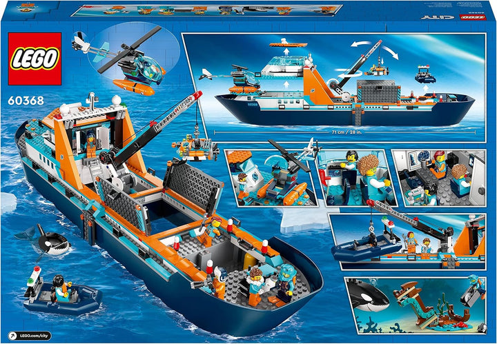 LEGO City Arctic Research Ship, barcă mare de jucărie plutitoare cu elicopter, barcă pneumatică, submarin Rov, epavă vikingă, 7 minifigurine și figură Orca, cadou pentru copii cu vârsta de 7+ 60368