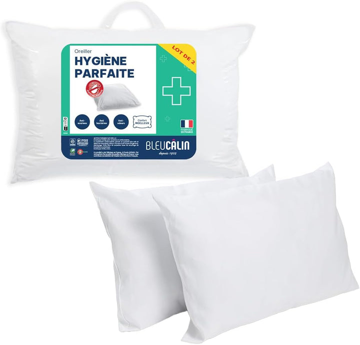 Bleu Câlin Set de 2 perne dreptunghiulare anti-acarieni, anti-bacterii, confort pufos, T 60X60 Cm, 100% bumbac, sortiment igienă perfectă