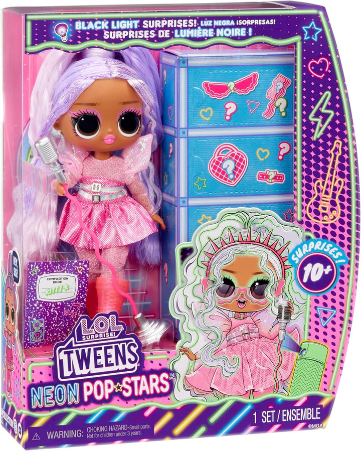 L.O.L. Surprise! Tweens Neon Pop Stars - Kitty K - 1 păpușă la modă cu surprize retroiluminate și 10+ costume și accesorii Pop Star, inclusiv micro-benzi retro, cadou pentru copii 4+