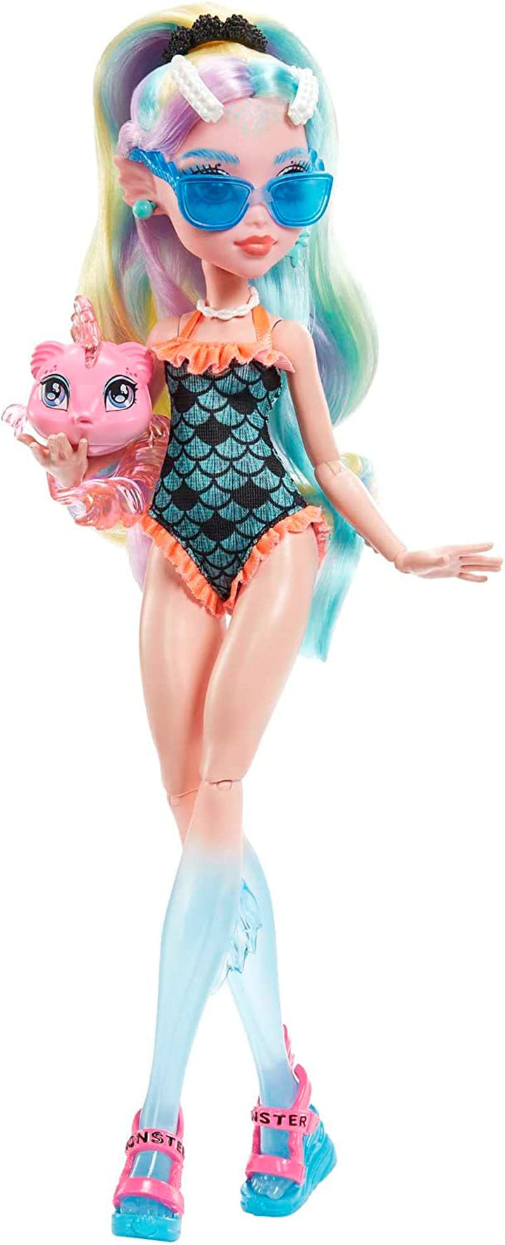 Păpușă MONSTER HIGH Lagoona Blue - hanorac roz, pantaloni scurți de bicicletă batik, sandale cu platformă, aripioare, accesorii, pentru copii cu vârsta peste 4 ani, HHK55
