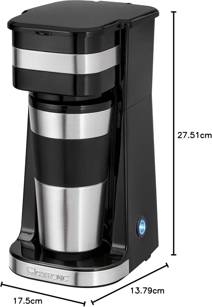 Cafetieră Clatronic | Cafea pentru pachet cană 400 ml | Pentru toate suporturile obișnuite pentru băuturi (de ex. mașină) | Cafetieră cu filtru | Filtru permanent din nailon | Cană din oțel inoxidabil cu capac aromatizat | KA 3733
