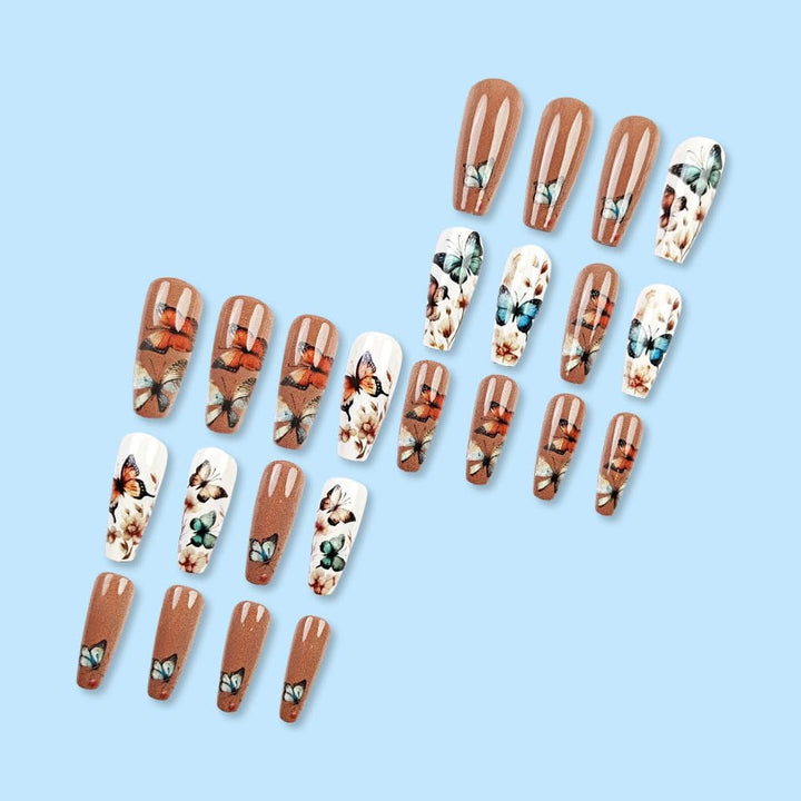 24 buc unghii lungi cu presă pe unghii sicriu unghii artificiale fluture floare unghii adezive alb maro set unghii acrilice sfaturi unghii femei primăvară vară accesorii unghii