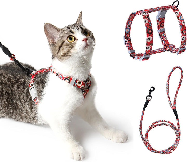 PETTOM Ham pentru pisici cu model floral și lesă Lesă pentru pisici cu ham pentru pisici cu șnur rotund, curea de piept reglabilă anti-evadare, potrivită pentru pisici mici și mijlocii