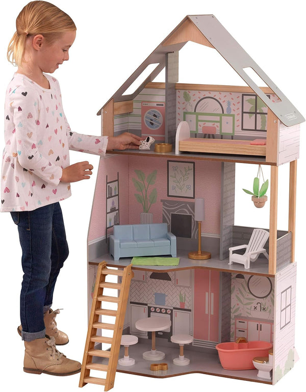Casă de păpuși Kidkraft Alina din lemn cu mobilier și accesorii pentru păpuși înalte de 30 cm, set de joacă cu 3 etaje, cu câine și scări mobile, jucărie pentru copii de la 3 ani, 10229