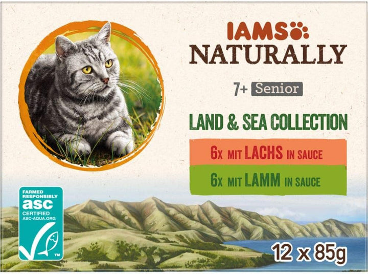 IAMS Naturally Senior Cat Food Wet in Sauce - Hrană umedă de înaltă calitate cu carne și pește pentru pisici în vârstă, Land & Sea Collection, 12 X 85 G
