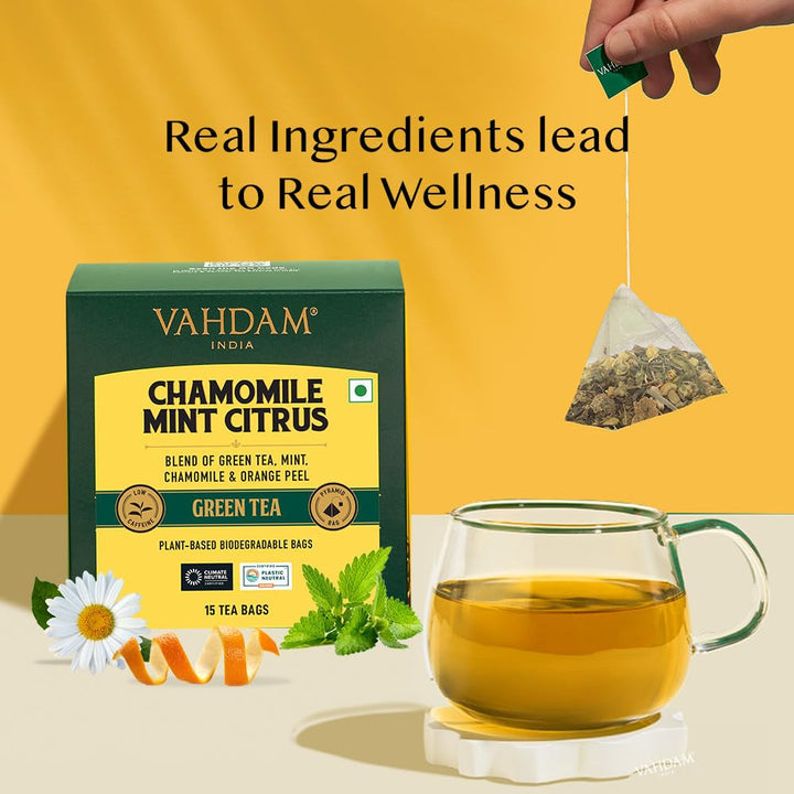, Chamomile Mint Citrus Green Tea Bags (15 Pyramid Tea Bags) LOW CAFFEINE GREEN TEA, Non GMO | Directly Sourced | Chamomile Tea | Mint Tea Bags Tea USA Naty Shop