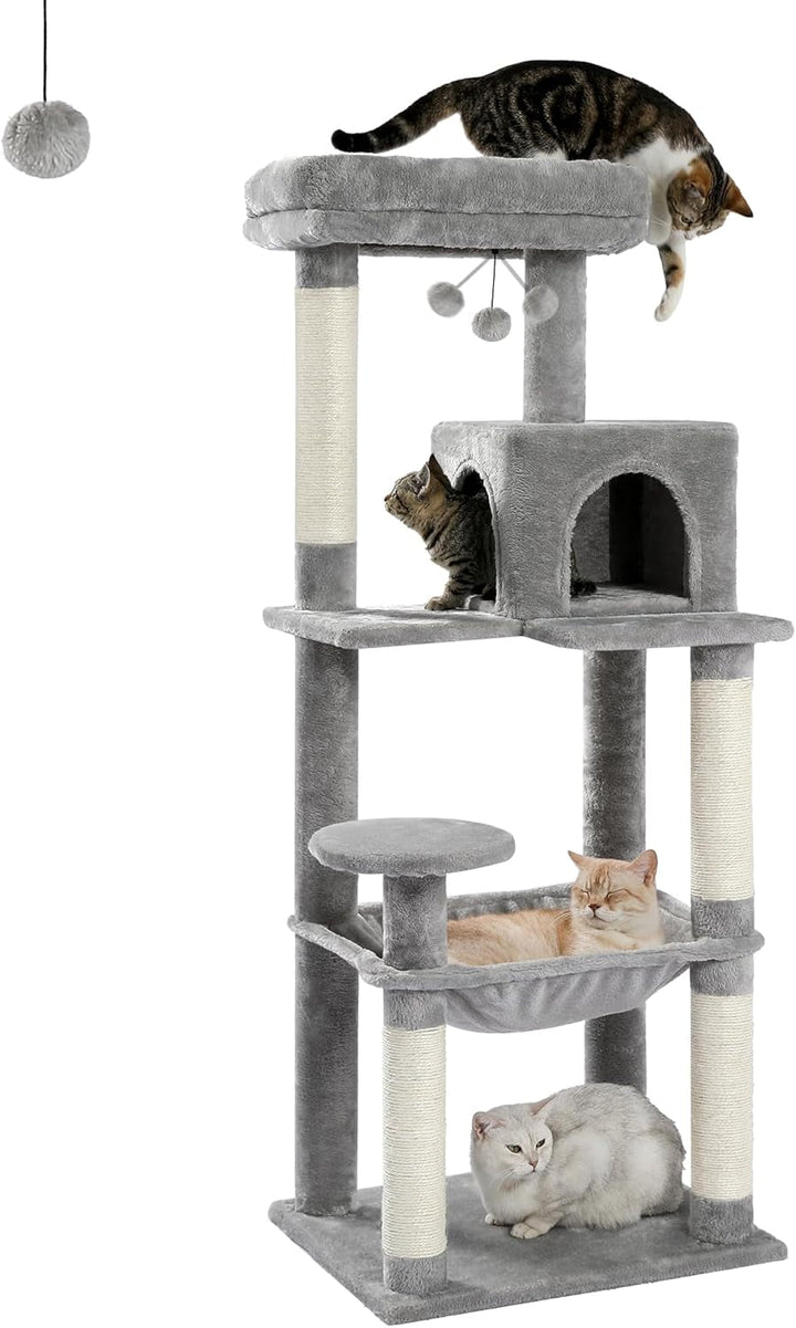 PAWZ Road, arbore pentru pisici cu hamac metalic din pluș, turn pentru pisici adulte cu căsuță tip condominiu cu 2 uși, gri, 116 cm