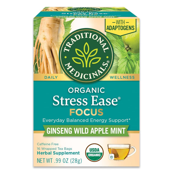 Tea, Organic Stress Ease Focus, with Adaptogens, Everyday Balanced Energy, Ginseng Wild Apple Mint, 16 Tea Bags Tea USA Naty Shop Stress Ease Focus 16 Count