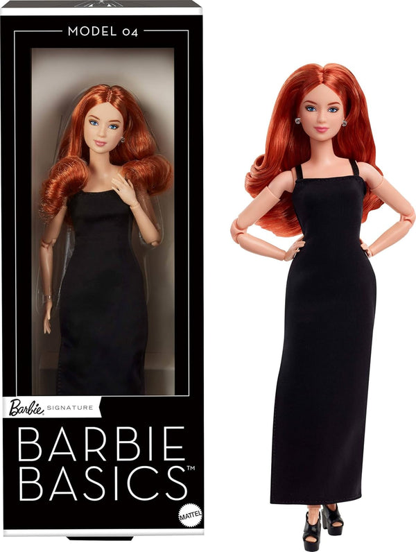 Mattel Barbie Basics Model 4, păpușă de colecție cu bucle roșii, rochie mini neagră și cizme, modă universală, corp mic mobil și cap interschimbabil, JBH74